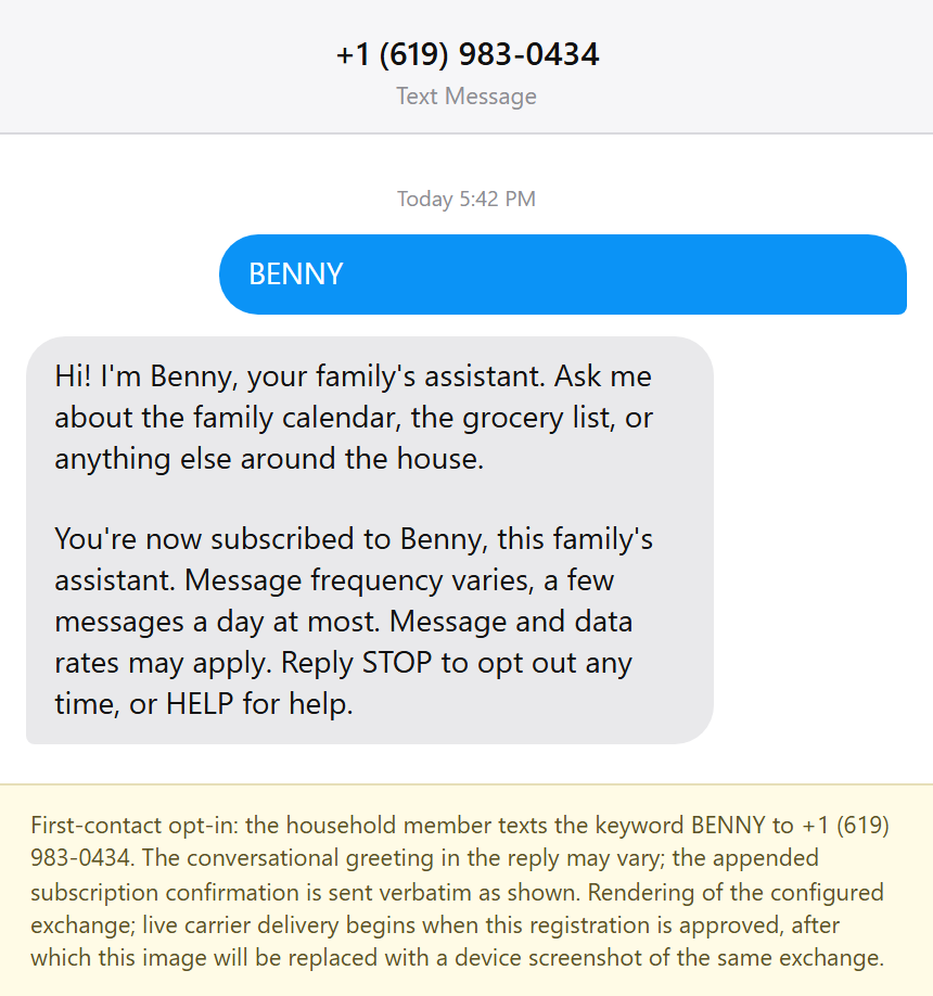 First-contact opt-in conversation: the member texts the keyword to the number and receives the verbatim confirmation