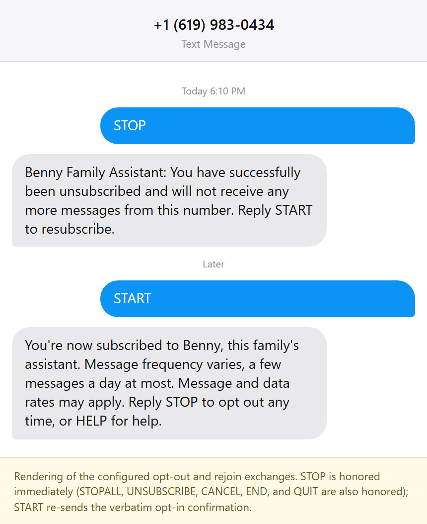 Opt-out exchange showing STOP honored with the brand-named response and START re-confirmation
